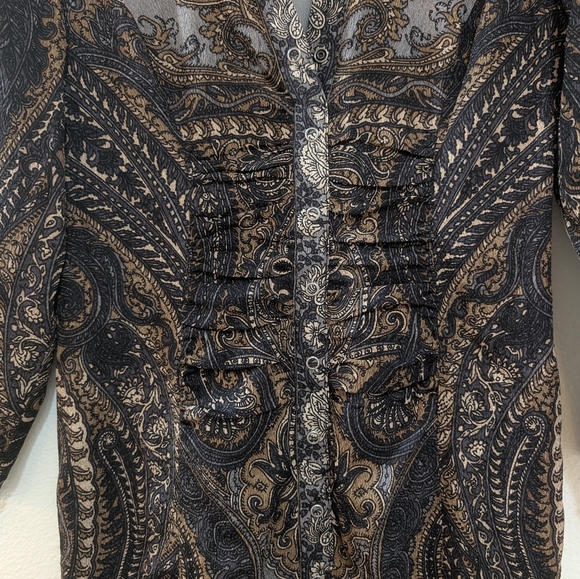 Tracy Reese Sexy Shirt Dress Taupe Paisley 4 Silk Blend Ruched Y2K - Picture 6 of 7